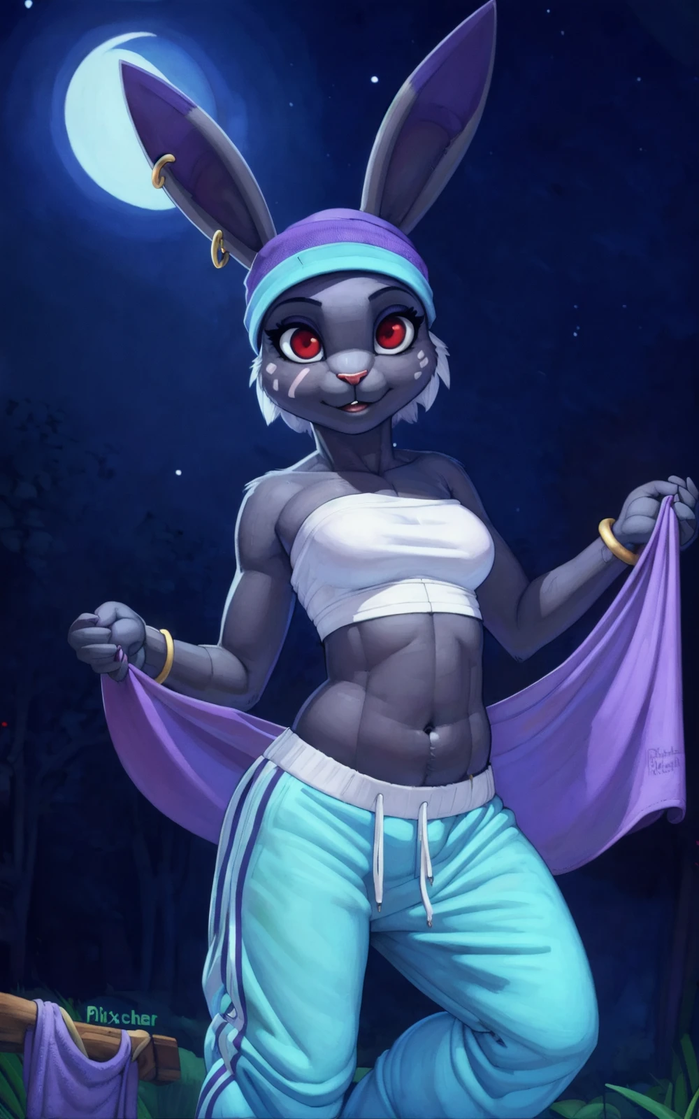 8k,4k,((Best quality, masterpiece, ultra high resolution)),((full body, by pixelsketcher)), <lora:Lyra:1>,Lyra,animal ears, red eyes, jewelry, navel, short hair, rabbit ears, earrings, sweatpants, bracelet, furry female,midriff, furry,facial mark, bare shoulders,rabbit tail, furry female,rabbit girl, sleeveless shirt, shirt,(white shirt,  blue sweatpants),baggy sweatpants,beanie,grey skin,dancing,night moon, outside,((holding purple towel with both hands)),strapless