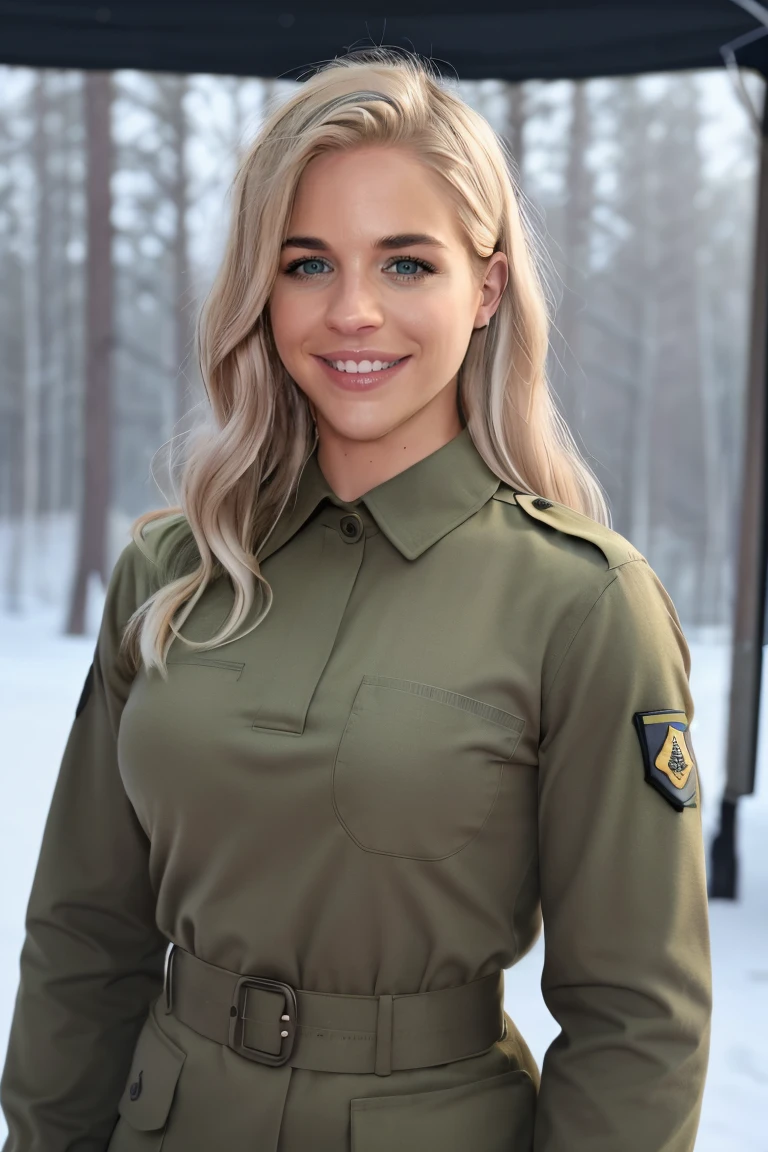 beautiful Gabbie Carter  posing as an army officer, photo referenced, highest quality, high quality, (detailed face and eyes), dusk lighting, high boots, strong makeup, industrial, outdoor snow forest background  <lora:Gabbie Carter:0.8>