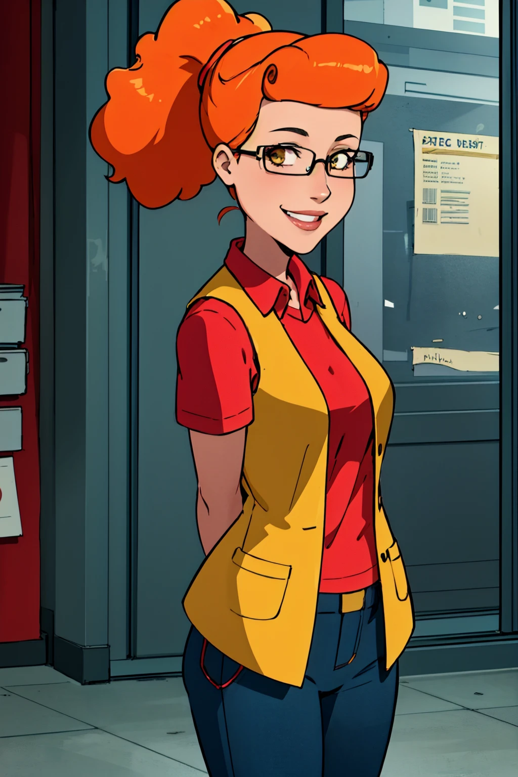 patty, solo, 1girl, glasses, orange hair, ponytail, red shirt,yellow vest, breasts, smile,looking at viewer, smile,arms behind back,pants, best quality, masterpiece, absurdres, <lora:pattyp2-000008:0.5>