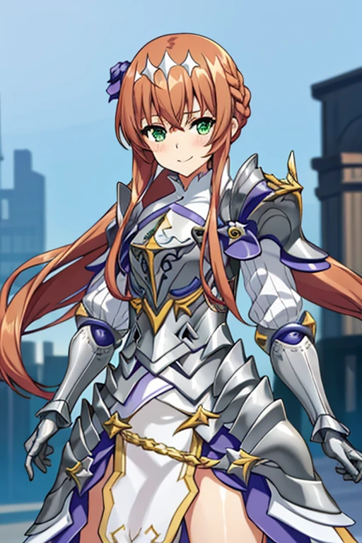 1girl, smile, blush, brown hair, green eyes,lan erma-s1, armor, braid, hair accessories