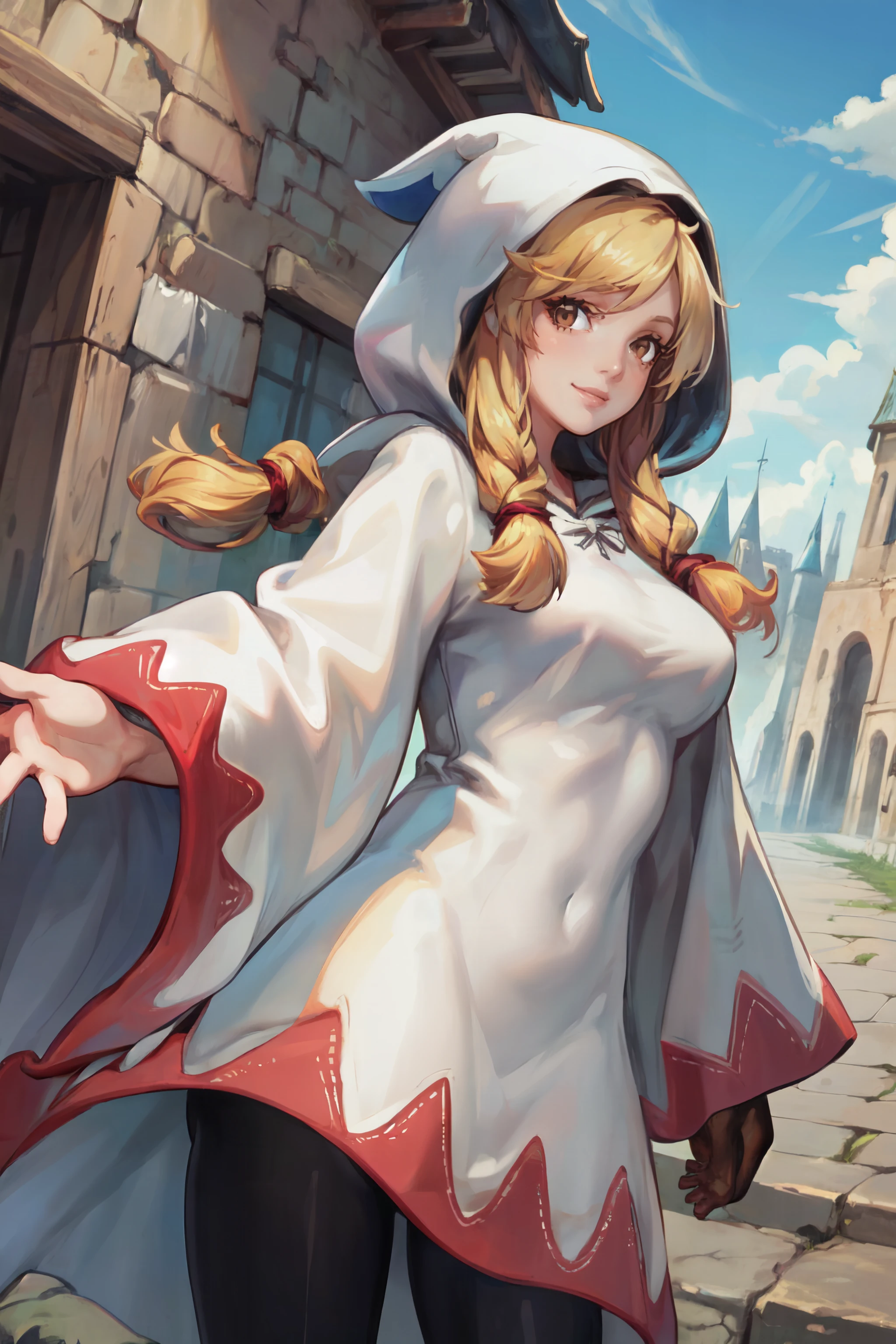 (masterpiece, best quality, ultra detailed, beautiful illustration), atmospheric perspective, depth of field, looking at viewer, beautiful detailed eyes, anime eyes:1.4, (cowboy shot), dynamic pose, dynamic angle, (outdoors, medieval castle, blue sky, clouds), 1girl, smile, (large breasts), WhiteMageFFT, long hair, blonde hair, twin tails, braid, hair over shoulder, brown eyes, white mage, hood, robe, (long robe, knee-length robe), gloves, pantyhose, boots, <lora:FinalFantasy_FemaleWhiteMage:1>