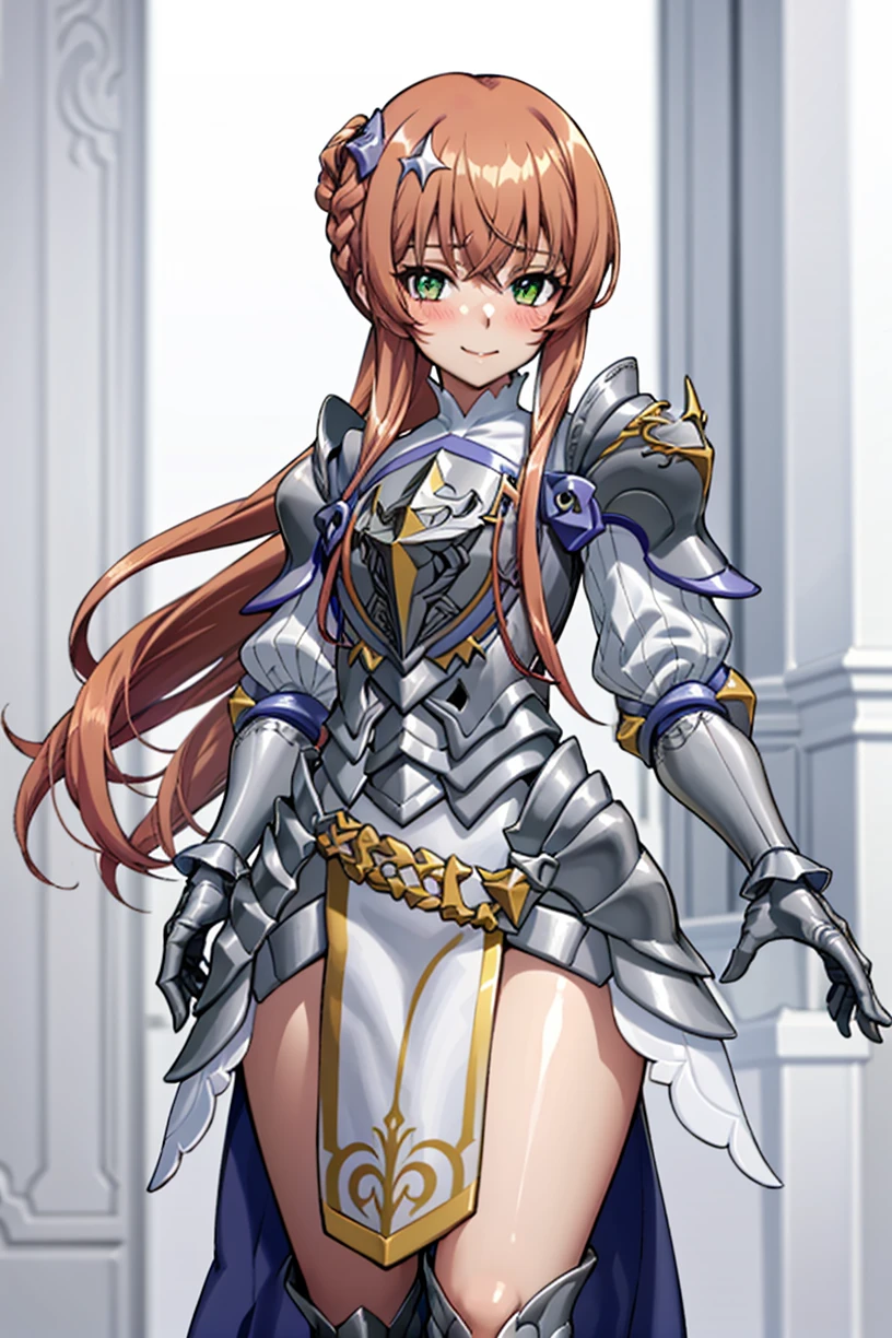 1girl, smile, blush, brown hair, green eyes,lan erma-s1, armor, braid, hair accessories