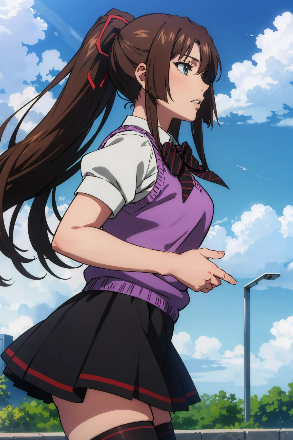masterpiece, best quality, <lora:kirasakasayaka-nvwls-v1-000009:0.9> kirasaka sayaka, ponytail, hair ribbon, bowtie, white shirt, purple sweater vest, short sleeves, pleated skirt, black thighhighs, serious, clenched teeth, from side, sky, clouds