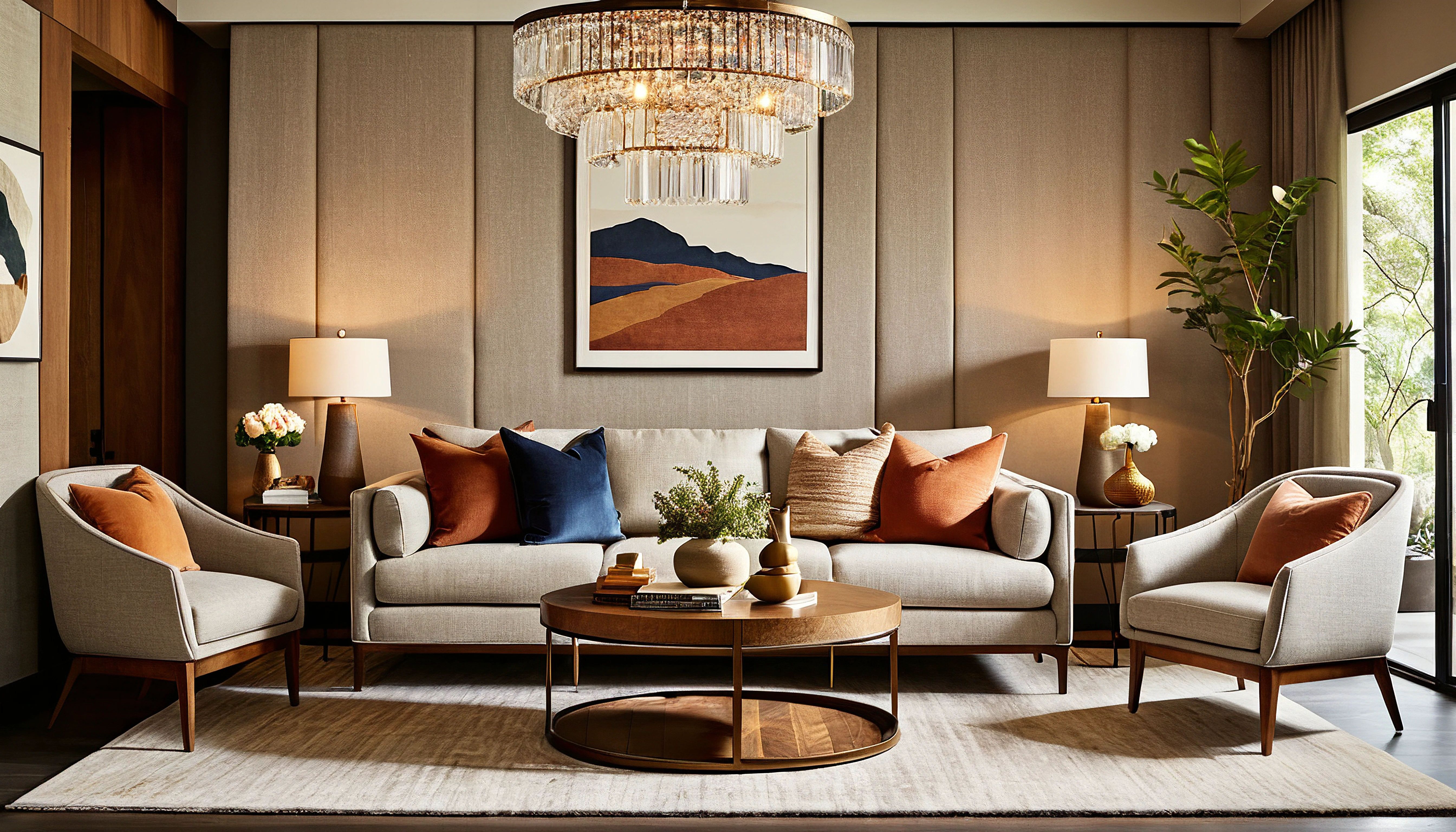 a three-seater sofa,capet,end table,west elm chandelier,armchair,residential interior design project with modrtn organic style,interior decor,crrisp lines,neutral colors,natural textures,backdrop of simplicity,aesthetic,bright environment,realistic,V-RayRenderer,superior quality