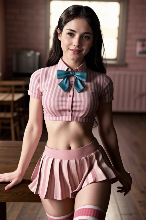 ((Masterpiece, best quality, cinematic lighting, 8k, full body shot, long hair)), (smile:0.85), (realistic background)
<lora:Striped_Top_Skirt_By_Stable_Yogi:1.2> pink striped shirt, striped pleated miniskirt, bowtie, striped socks, shoes
