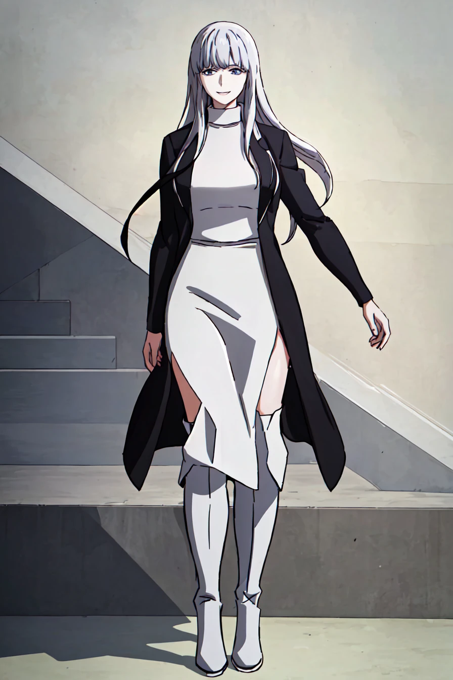 (best quality) , (highly detailed) ,masterpiece ,absurdres ,detailed face ,beautiful face ,(detailed eyes, deep eyes, anime eyes) ,1girl , solo,
Standing with one foot in front of the other,
003, grey eyes, grey hair, white hair, long hair, jacket, sweater, black jacket, turtleneck, very long sweater dress, long sweater, (white slit long skirt:1.2), turtleneck sweater, (white knee boots:1.3), slight smile, <lora:003V1:0.8>
