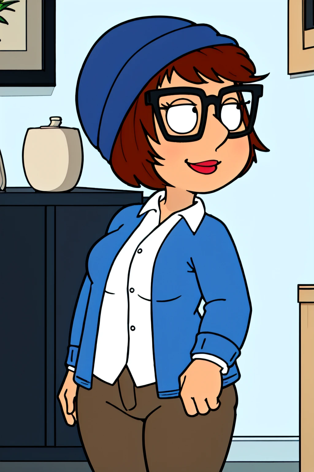 <lora:HipstirMeg-000008:0.75> meg, glasses, brown hair, 1girl, hat, short hair, solo, shirt, black-framed eyewear, pants, white shirt, blue headwear, indoors,looking at viewer, smile,breasts,
