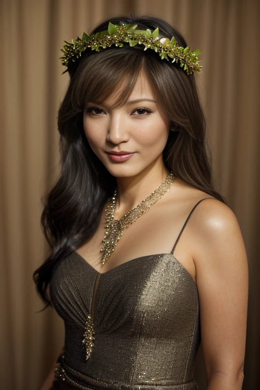 k311yhu, long hair, smile, looking at viewer, dress, jewelry, high heels, standing, lips, pantyhose, necklace, head wreath,<lora:Kelly_Hu_PMv1_Lora:1.3>,, ((Glamour Portrait)), detailed skin texture, (blush:0.5), (goosebumps:0.5), subsurface scattering, ((photographed by Vogue))