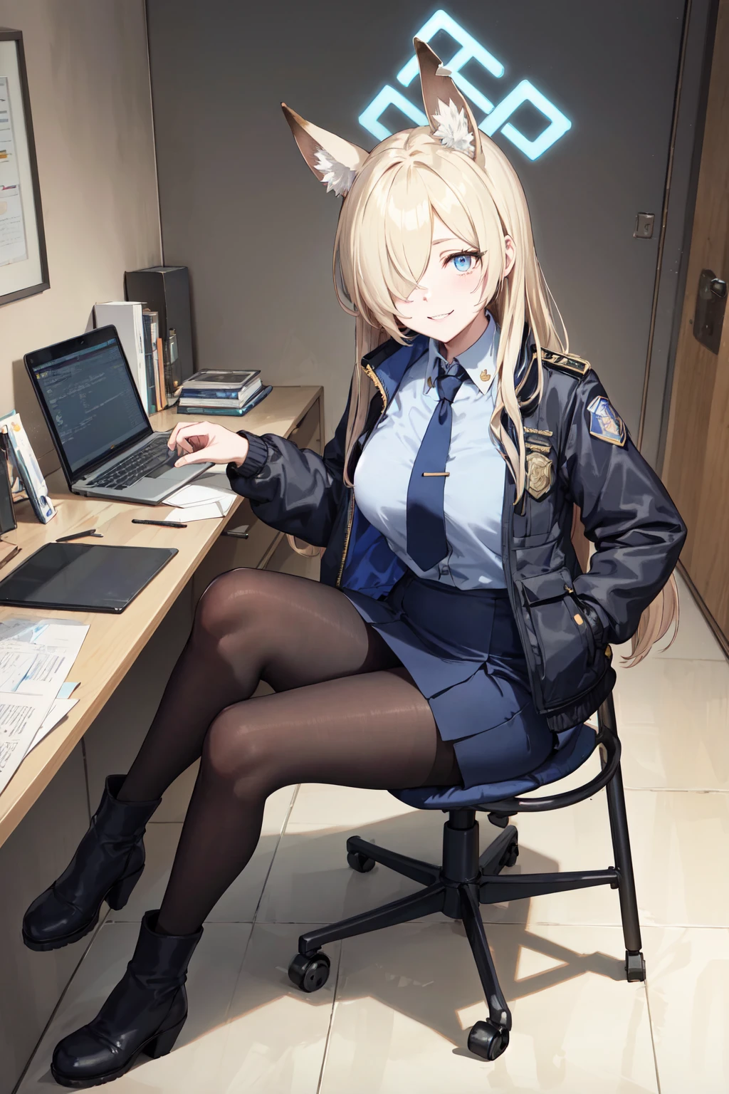 masterpiece,best quality,highres,ultra-detailed,aakanna,halo,fox ears,long hair,hair over one eye,bangs,large breasts,police,black jacket,open clothes,blue necktie,blue shirt,long sleeves,pencil skirt,blue skirt,black pantyhose,boots,black footwear,<lora:kanna_(blue_archive):0.7>,indoors,desk,chair,sitting,smile,