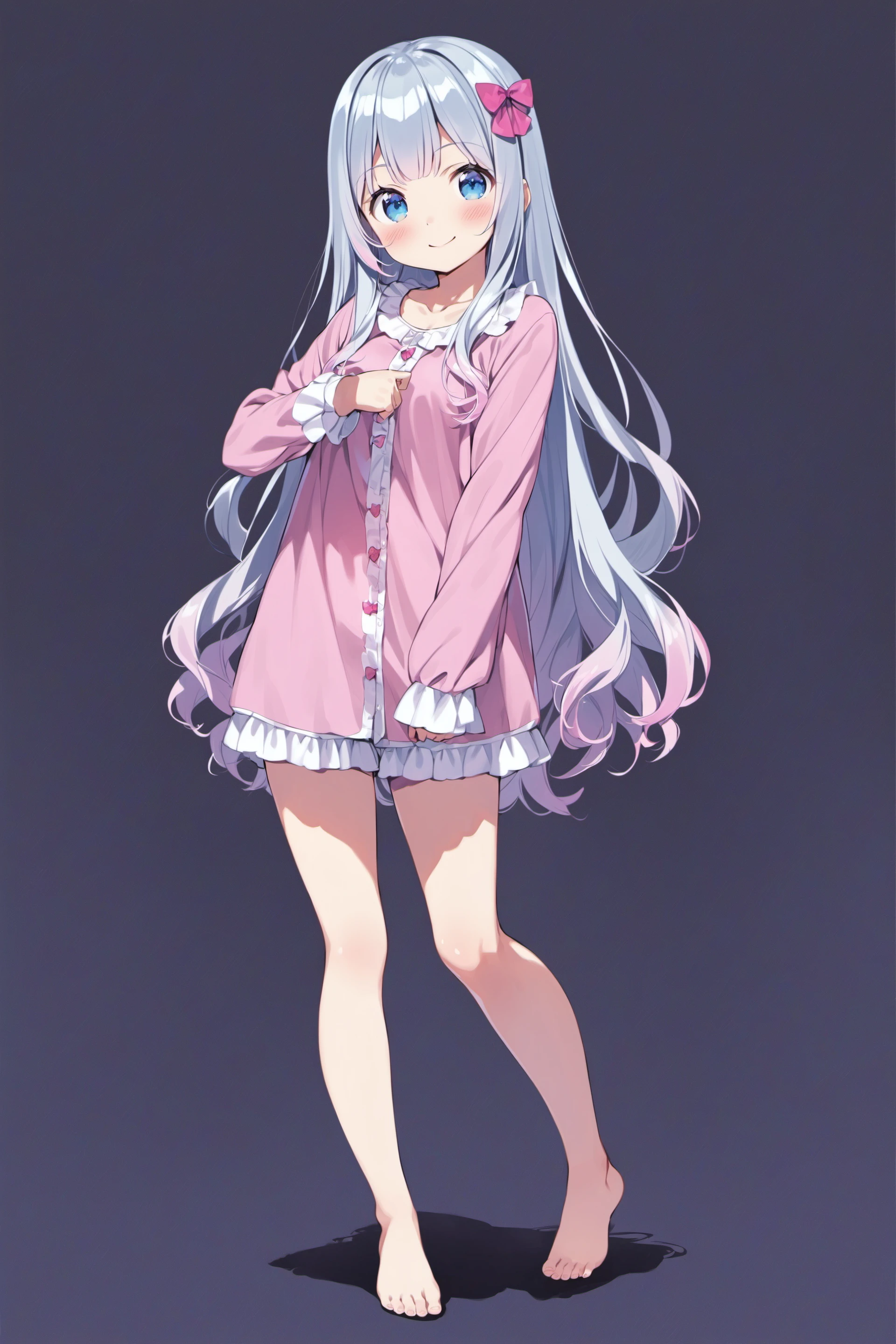 1girl,long hair,solo,izumi sagiri,pajamas,full body,bow,grey hair,standing,blue eyes,barefoot,pink bow,hair bow,looking at viewer,blush,very long hair,smile,shirt,shorts,closed mouth,simple background,white background,long sleeves,frills,pink shirt,ribbon,pink shorts,pink pajamas,collarbone,bangs,,score_9,score_8_up,<lora:Kanzaki Hiro_XL_PONY:0.9>,