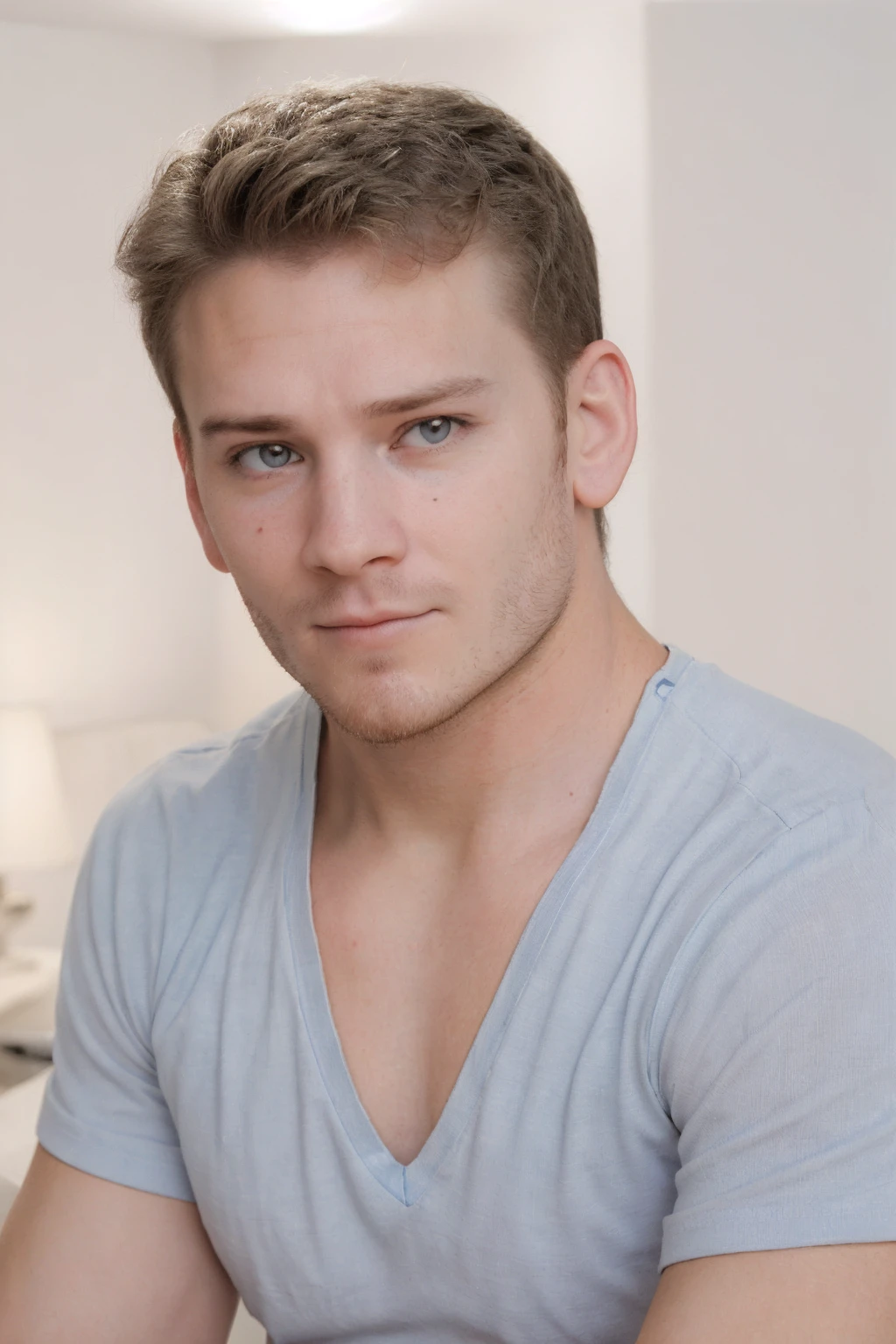 a young white male, blue eyes, nordic genetics, medium hairstyle, boy next door attractive, warm smile, standing in modern male cabin bedroom, portrait, natural lighting, high quality, photo-realistic, cinematic, detailed facial features, detailed eyes, detailed nose, detailed lips, detailed skin texture, stylish outfit, clean background, warm color tones, cozy atmosphere, studio lighting, 8k, masterpiece