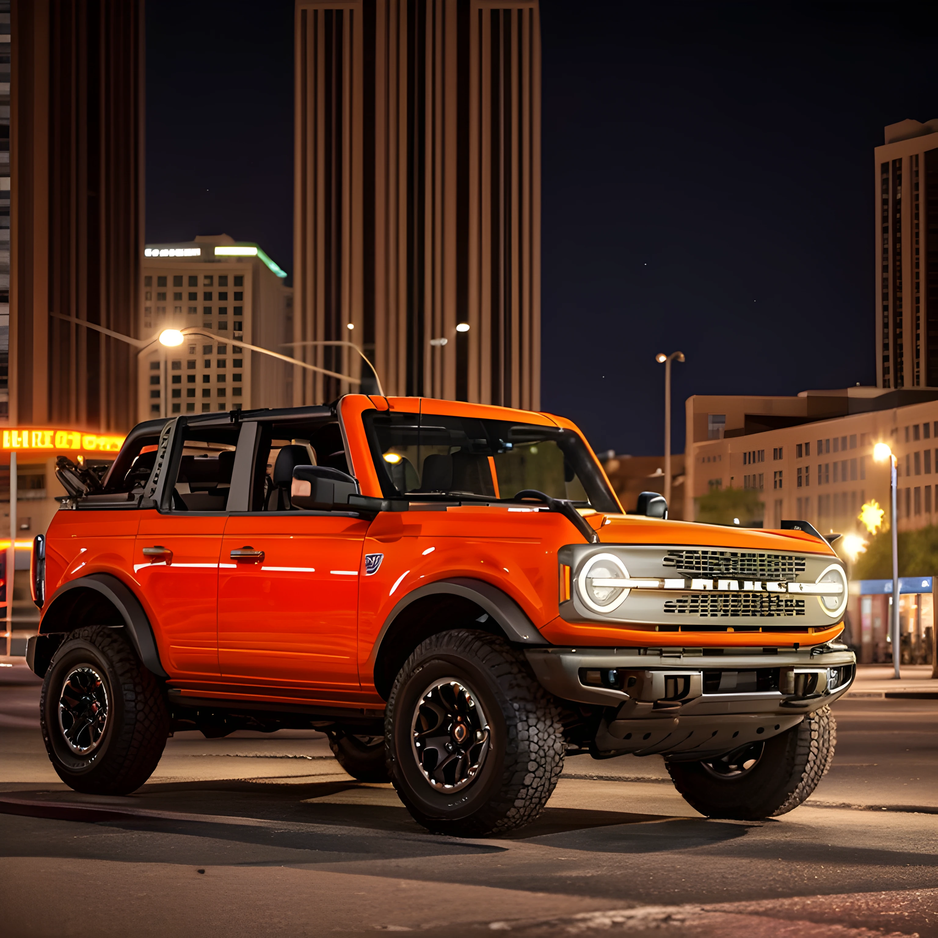 orange ford bronco, top down, night+, streelight, centered in frame, side view, downtown+, highly detailed, ultra quality, masterpiece, sharp focus, smooth, intricate details, 8k UHD, photo-realistic, atmospheric, epic