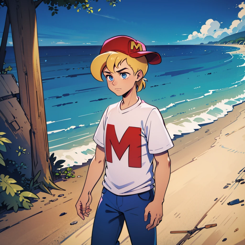 solo, 1boy, mighty max, blonde hair, red hat, white shirt, blue pants, blue eyes, short sleeves, sideways hat, <lora:MightyMax_Leaf2-v2:0.8>, walking, beach,