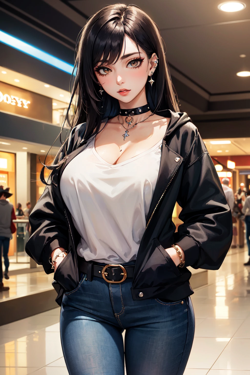 (masterpiece, best quality, hires, high resolution:1.2), (beautiful, aesthetic, perfect, delicate, intricate:1.2), (depth of field:1.2), (1girl, solo), (fantasy), (sexy goth girl), (18yo), (eyeliner, eyelashes, eyeshadow, glossy lips), (long hair), (huge breasts), (black hoody), (piercings, earrings, collars, bracelets), (spike choker), (black jeans pants), (multiple belts), (hands in pocket), (at mall), (cowboy shot:1.4),