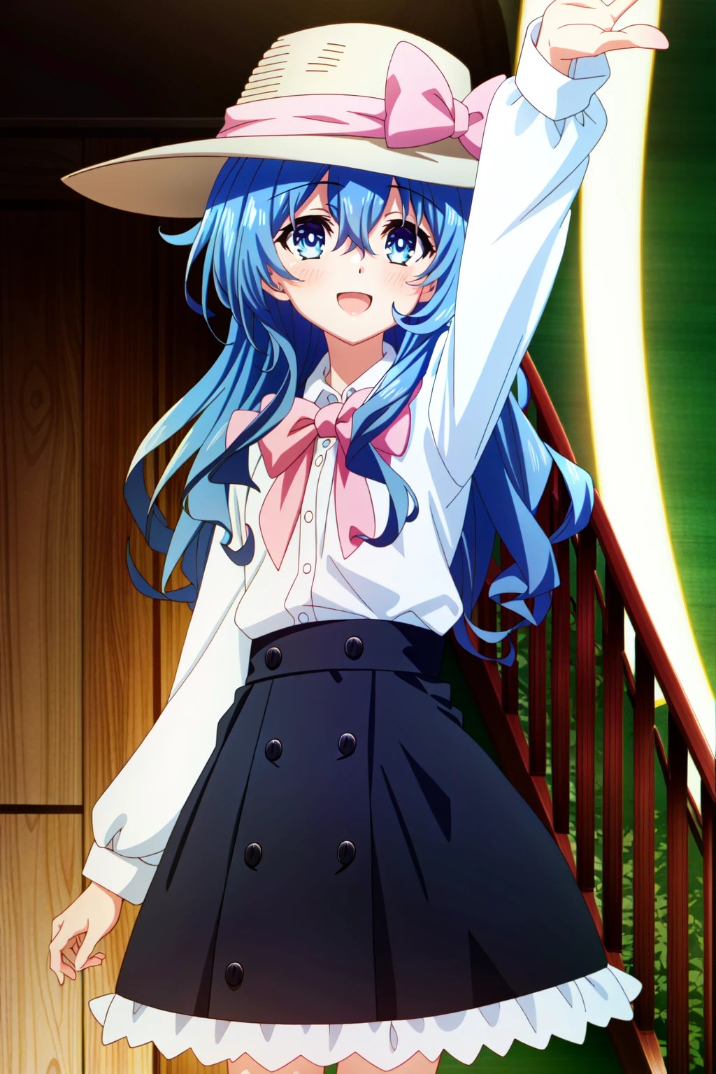 (extremely detailed CG unity 4k wallpaper),(masterpiece),(best quality),(ultra-detailed),(best illustration),(best shadow),(absurdres),(detailed background) <lora:OGT_Yoshino_Himekawa-v1:1> Yoshino Himekawa, 1girl, hand puppet, puppet, hat, long hair, blue eyes, blue hair, open mouth, solo, dress, smile, pink dress, stairs, bow, :d, hat bow, blush, long sleeves, hair between eyes, red bow, arm up