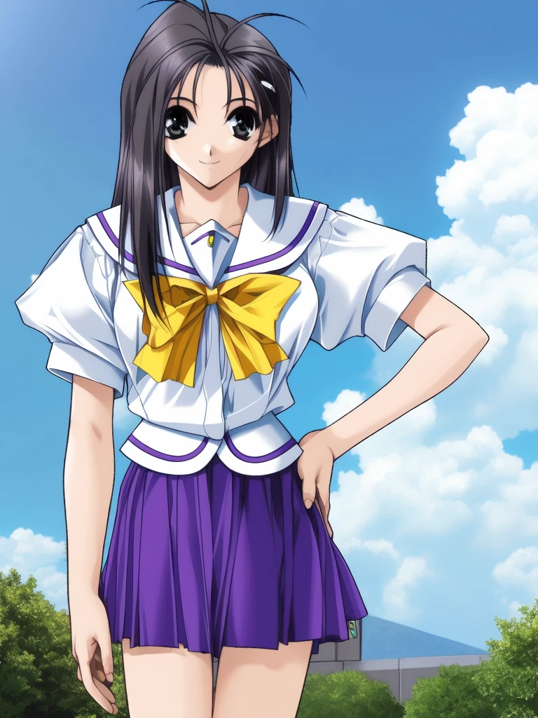 <lora:Hikawa_Naori:1>, HikawaNaori, 1girl, solo, school uniform, skirt, hand on hip, bow, yellow bow, pleated skirt, short sleeves, smile, serafuku, blue skirt, puffy sleeves, looking at viewer, sailor collar, puffy short sleeves, cowboy shot, standing, bowtie,
sky,
masterpiece, high quality, very_high_resolution, large_filesize, full color,