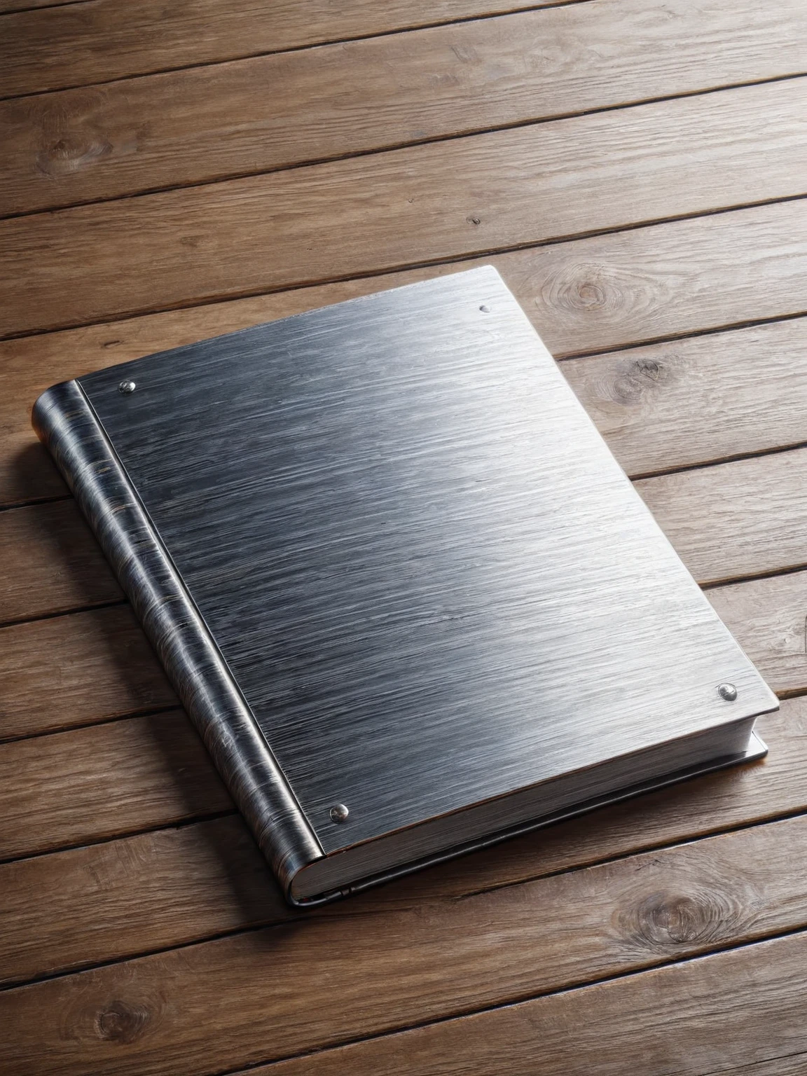 A ais-steelz classic book, on an old oak desk<lora:Brushed_Steel_Style_SDXL:1>