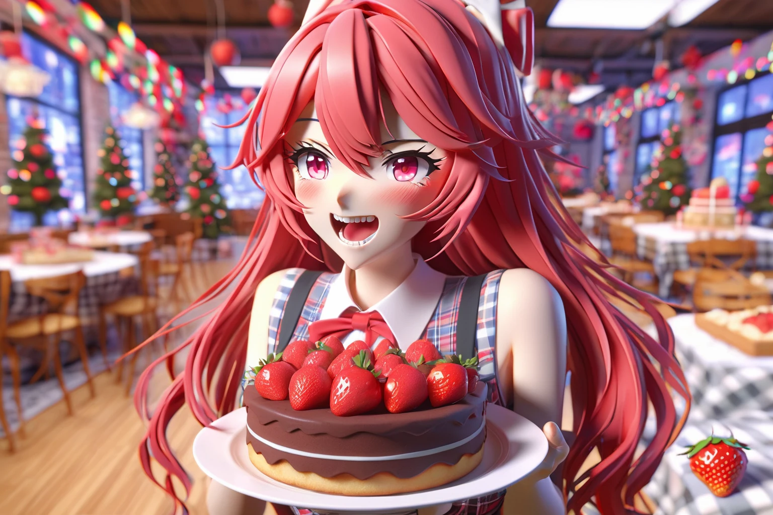 3d, 3d render,3d anime, japanese anime, highly detailed, vibrant, production cinematic, absurdres, highres,1girl ahoge black_bow black_bowtie bow bowtie cake center_frills choker christmas earrings food frills fruit gradient_hair hair_bow holding holding_food holding_plate holly jewelry long_hair merry_christmas multicolored_hair open_mouth orange_hair pink_hair plaid plaid_bow plate ponytail red_bow red_eyes shirt sleeveless sleeveless_shirt snowflake_print solo star_(symbol) strawberry strawberry_cake teeth upper_teeth_only virtual_youtuber white_shirt