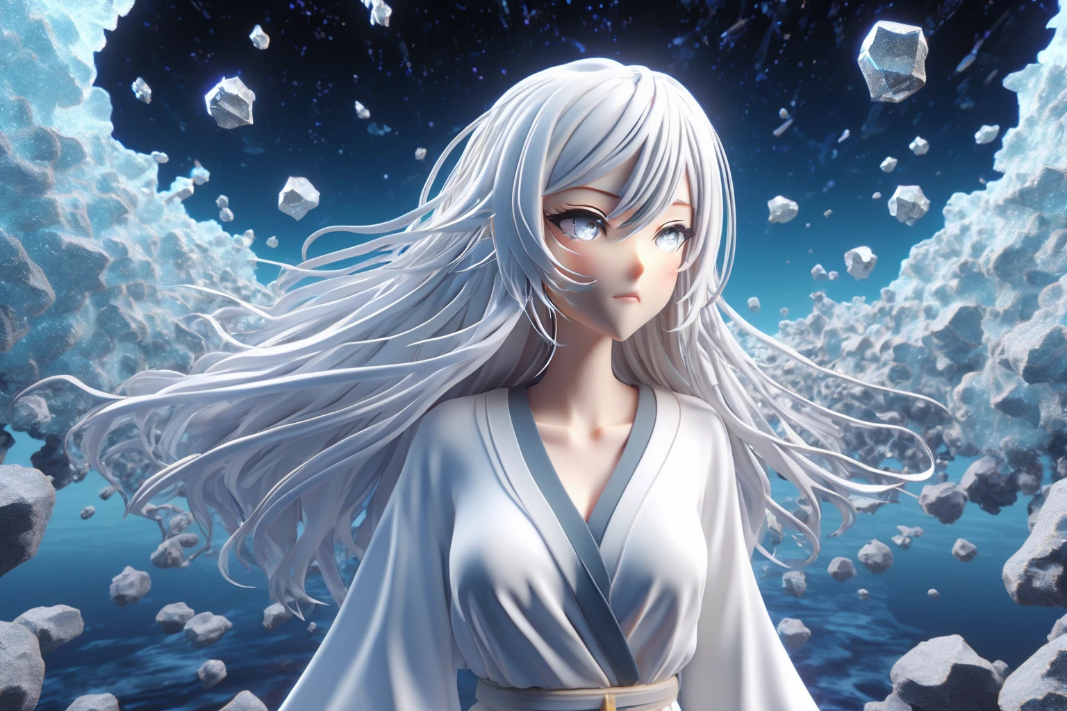 3d, 3d render,3d anime, japanese anime, highly detailed, vibrant, production cinematic, absurdres, highres, (silver, glimmer)), contrast, phenomenal aesthetic, best quality, sumptuous artwork, (masterpiece), (best quality), (stop motion), (ultra-detailed), (((illustration))), ((an extremely delicate and beautiful)), (detailed light), cold theme, broken glass, broken wall, ((an array of stars)), ((starry sky)), the Milky Way, star, Reflecting the starry water surface, (1girl:1.3), awhite hair, blinking, white dress, closed mouth, constel lation, flat color, white hair, braid, very long hair, blinking, white robe, barefoot, float, flat color, looking up, medium hair, standing, solo, space, universe, Nebula, many stars, fanxing