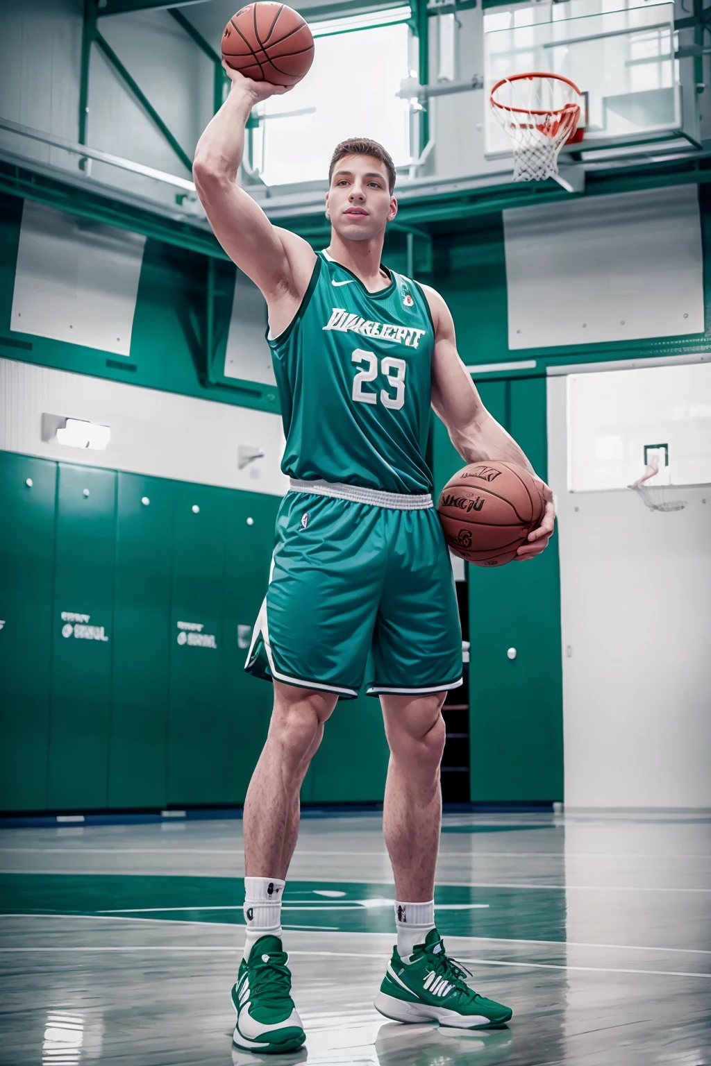 basketball gym, high ceiling,, NikoVangelis is a basketballplayer, basketball uniform, kelly green jersey with silver trim, kelly green shorts with silver trim, socks, sneakers (((full body portrait))), wide angle <lora:NikoVangelis:0.8> <lora:Clothing - Sexy Basketball Player:0.65>