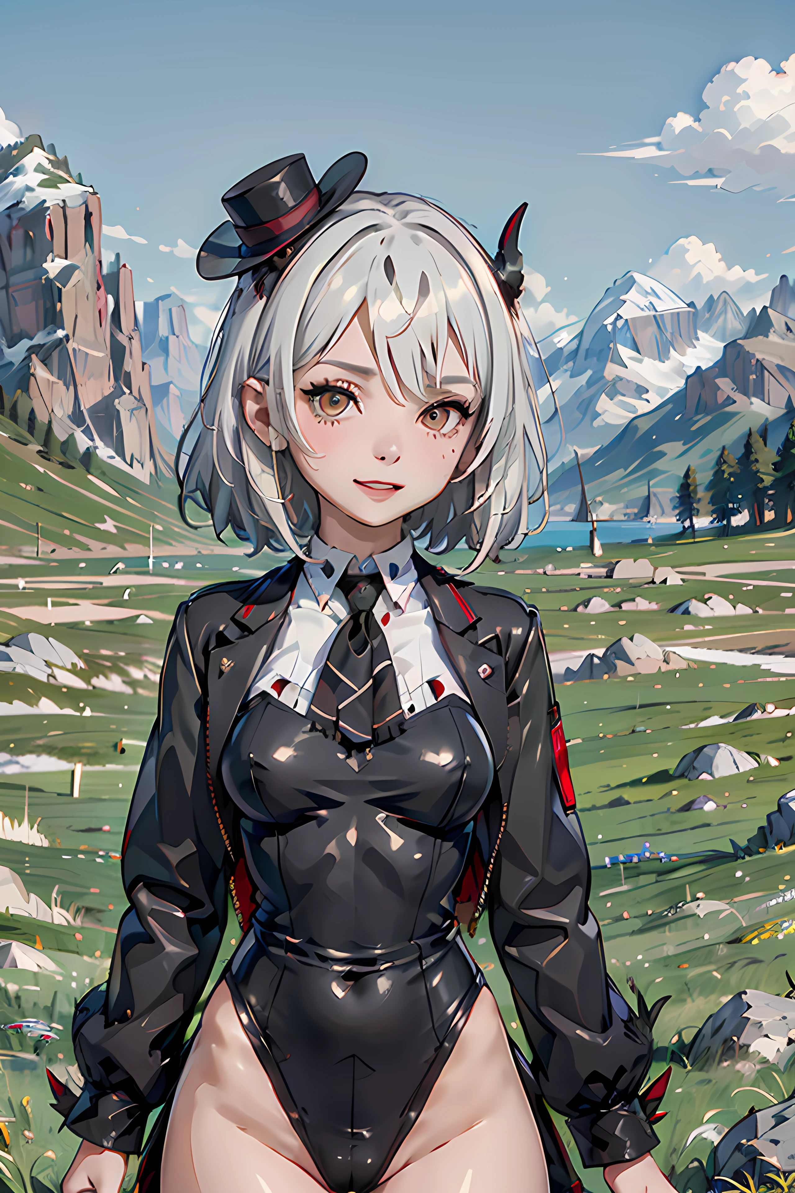 masterpiece,(ultra detailed),reginadef, ( plains),mountain landscape, smile, upper body, mini hat, thighs,
black leotard, black jacket, white shirt