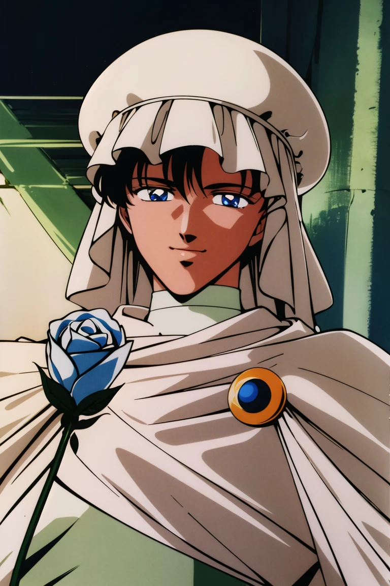 masterpiece,best quality,highres,<lora:Moonlight Knight:0.6>,Moonlight Knight,1990s \(style\),1boy,solo,retro artstyle,looking at viewer,turban,blue eyes,white rose,smile,holding,rose,
