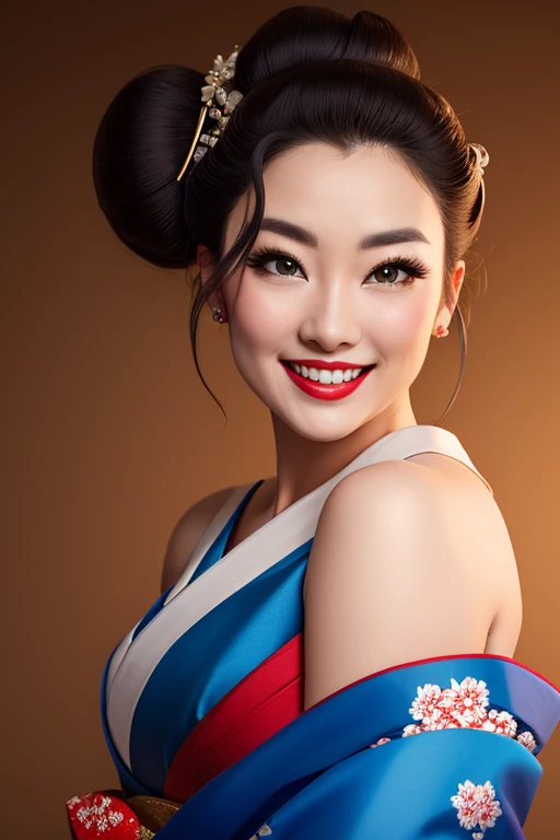 Portrait shot, fit outfit , naughty smile, tongue out, adult artist, Hollywood feeling, beautiful woman, The curvy/tomboyish form body, Twist updo hairstyle, Brown eyes colors, Seductive Geisha outfit, fit, gentle, Studio shoot background, facing viewer, detailed,
natural volumetric lighting, studioligthing,