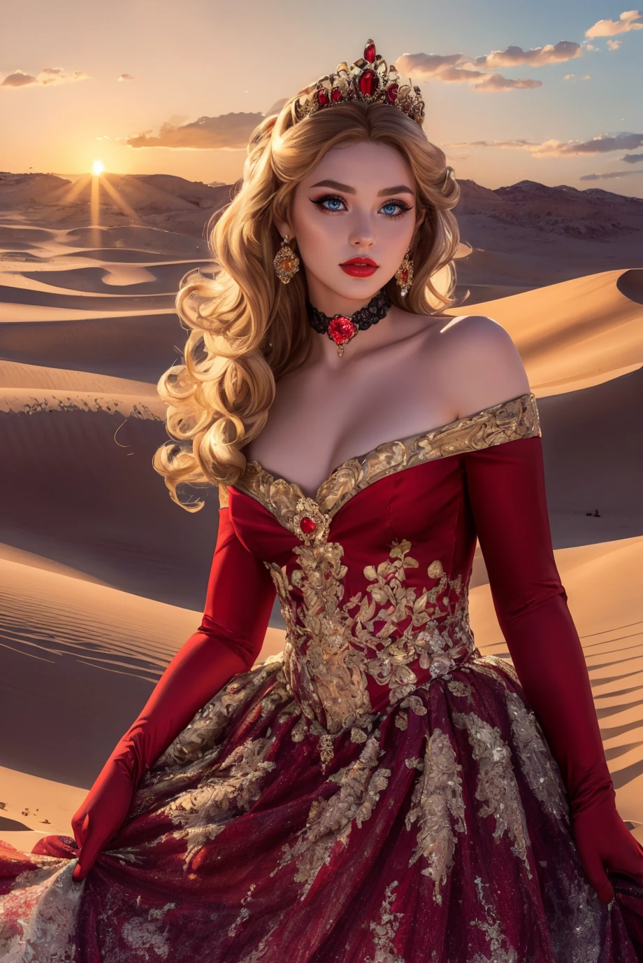 woman,   Adult,  looking at viewer,  (portrait photo:1.3), (long blonde loose waves Hair:1.1), b34uty_g0wn_1, long red gown, puffy underskirt, gold elbow gloves, choker, tiara, <lora:b34uty_g0wn_1:0.65>, best quality, high detail, high quality, high res, 4k,eyeliner, pouty lips,  detailed skin texture,  (blush:0.5), outdoor background (desert at sunset:1.3), ((very tiny waist)),