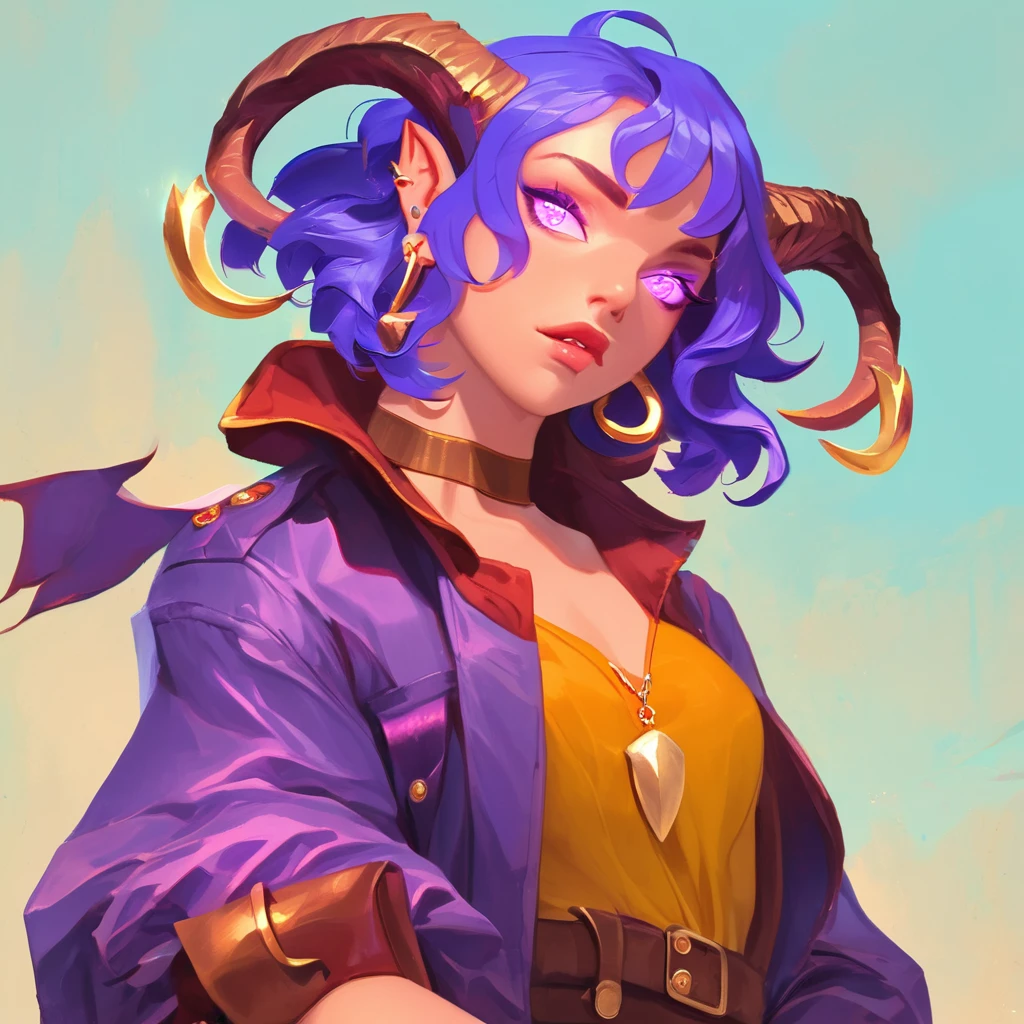 Game Character Girl,1girl,solo,looking at viewer,short hair,simple background,white background,jewelry,blue hair,purple eyes,jacket,upper body,purple hair,earrings,parted lips,horns,pointy ears,belt,hand up,necklace,nail polish,bracelet,lips,fingernails,glowing,ring,glowing eyes,blue nails,cropped jacket,long fingernails,sharp fingernails,purple nails,Character design,<lora:art girl_XL_v1.0-000009:1>,
