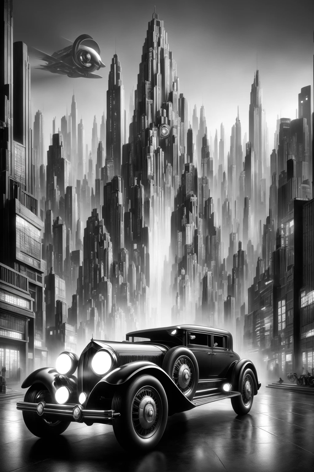 car driving through city, motion blur, futuristic, stylized, art deco, expressionist, 1920s, black and white <lora:Metropolis__Style_SD1.5:0.8> mad-ropolis-moviesterpiece:1.2), best quality, (hyperdetailed, highest detailed:1.2), high resolution textures