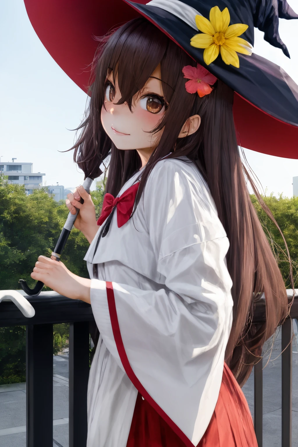 1girl, by fumihiko, fumihiko, 1girl, brown eyes, hair between eyes, hat flower, light brown hair, long hair, multiple hair bows, red headwear, very long hair, witch, building, day, outdoors, railing, umbrella, <lora:spfumihikoStyle:1>