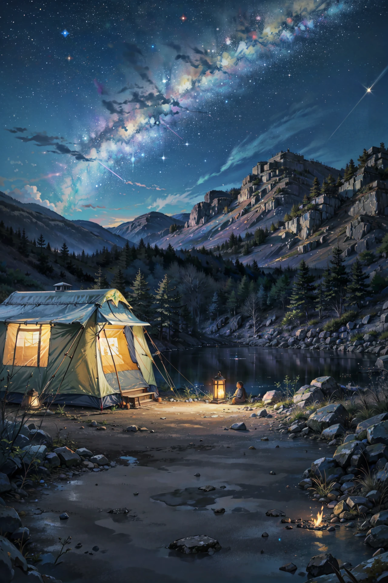 ((best quality, masterpiece, absurbres, super-resolution)), camping, starry night, surrounded by nature