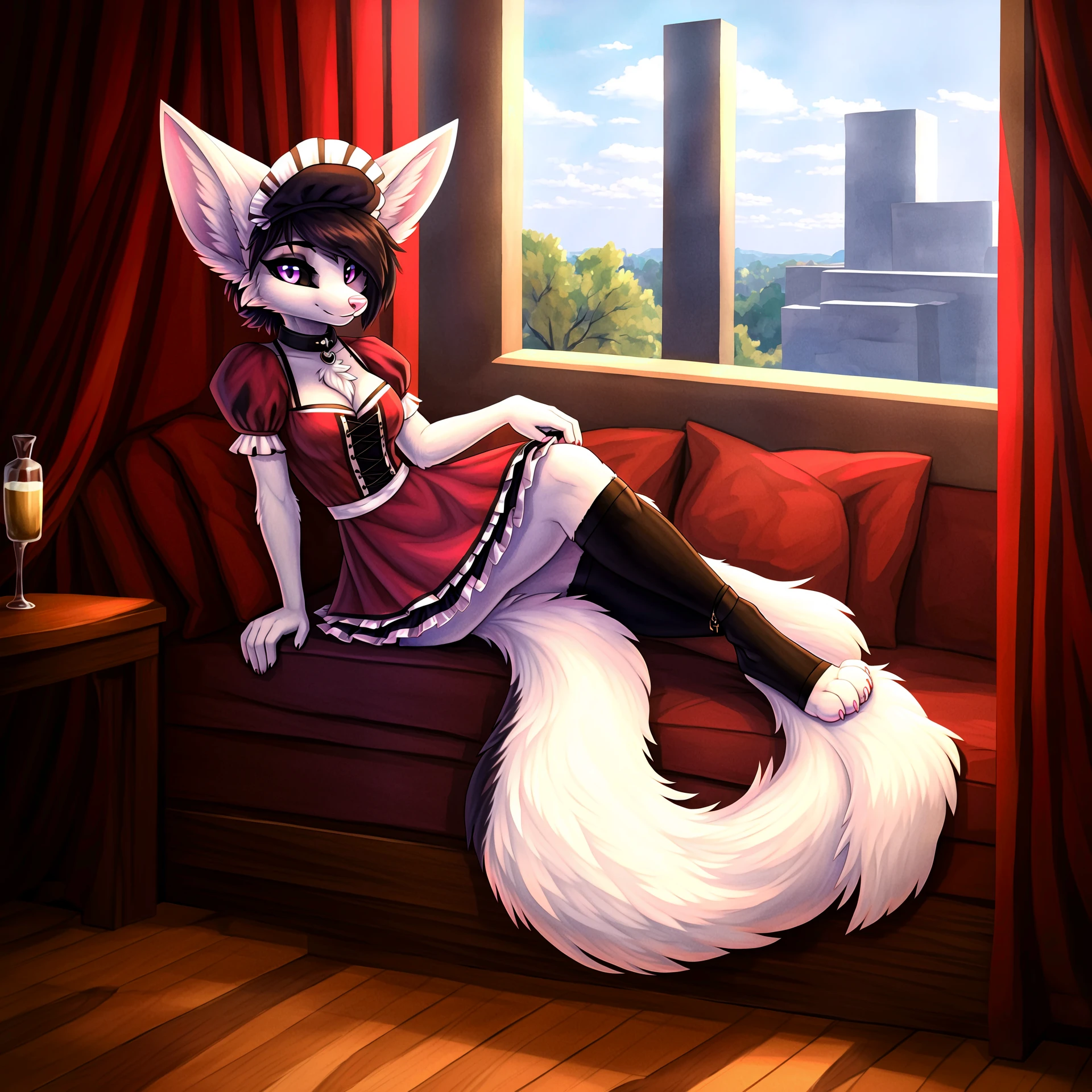 (high quality, high res, 4k:1.3)
<lora:adra-17:0.8> adra, furry, female, solo, looking at viewer, full body, collar, paws, anthro, body fur, fur tufts, red outfit, red dress, maid outfit, mansion, fancy
