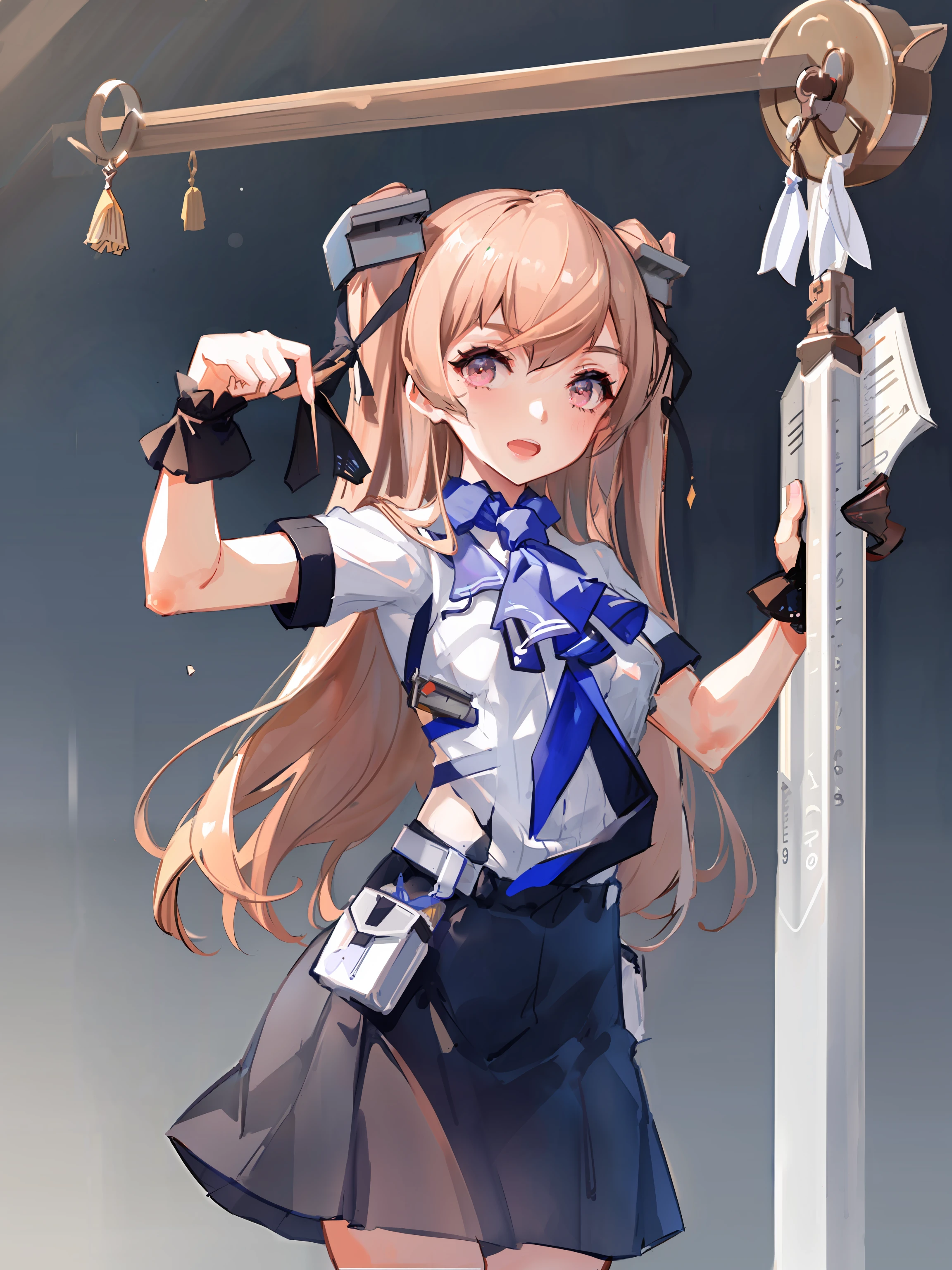 johnston 9 year \(kancolle\), 1girl, solo, shirt, ascot, skirt, white shirt, official alternate costume, black skirt, open mouth, blue ascot, medium breasts, breasts, teeth, short sleeves, upper teeth only, looking at viewer, ribbon, cowboy shot, holding, neckerchief, polka dot background, white ascot, polka dot, original, intricate detail, illustration, masterpiece, extremely detailed CG unity 8k wallpaper, highlight, sharpening, dynamic, <lora:Johnston-6:0.8>,
