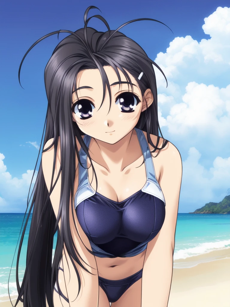 <lora:Hikawa_Naori:0.8>, HikawaNaori, black_hair, long_hair, antenna_hair, black_eyes, hairclip,
school_swimsuit, beach,
masterpiece, high quality, very_high_resolution, large_filesize, full color,