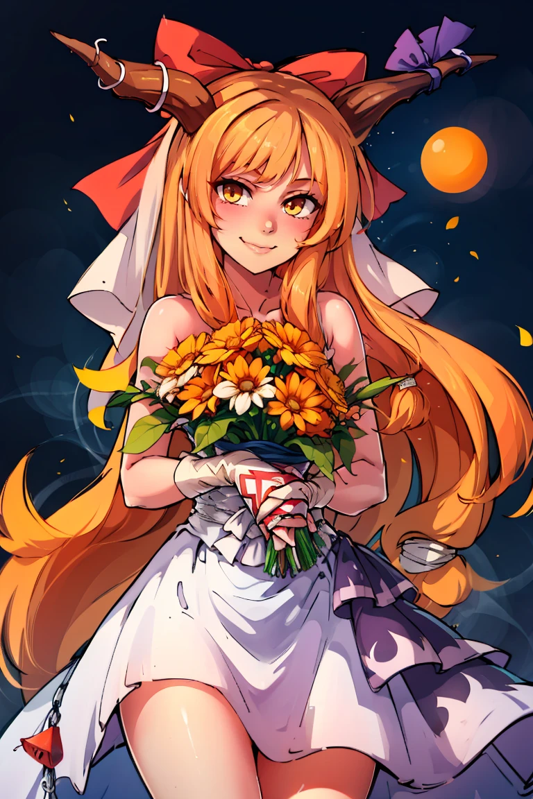 bride, wedding dress, bridal veil, strapless dress, elbow gloves, holding bouquet, ((masterpiece,best quality)), absurdres, <lora:Ibuki_Suika_Touhou:0.8>, Ibuki_Suika_Touhou, horns, ibuki suika, 1girl, long hair, solo, bow, hair bow, horn ornament, ribbon, horn ribbon, orange hair, red bow, solo, smiling, looking at viewer, cowboy shot,