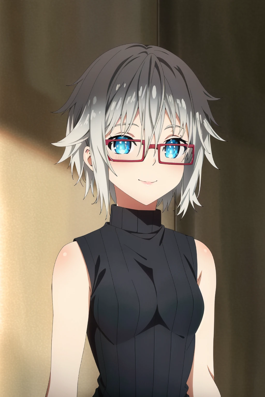 (extremely detailed CG unity 4k wallpaper),(masterpiece),(best quality),(ultra-detailed),(best illustration),(best shadow),(absurdres),(detailed background) <lora:OGT_Nia_Honjo-v1:1> Nia Honjo, 1girl, solo, glasses, sweater, black sweater, short hair, grey hair, red-framed eyewear, upper body, blue eyes, sleeveless, sleeveless turtleneck, ribbed sweater, closed mouth, turtleneck sweater, hair between eyes, bangs, smile