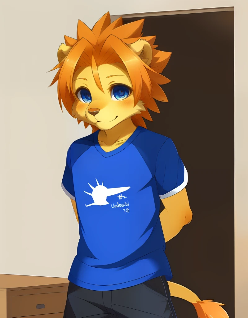 (((detailed eyes, detailed face))), (furry, soutarou <lora:character_soutarou_findigo_v2:1>, orange hair, spiked hair, lion boy, snout), male, (solo), (plump), (blue shirt, short sleeves, brown cropped pants, clothes writing), standing, (arms behind back), smile BREAK (konzaburou, ukan_muri, cute), bedroom, (flat shading, flat color, high brightness), 8k, UHD, masterpiece, (full body)