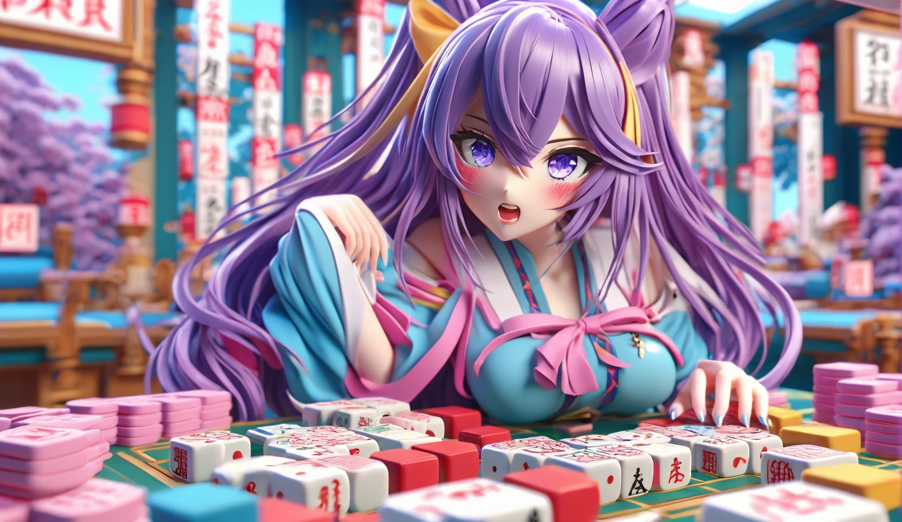 3d, 3d render,3d anime, japanese anime, highly detailed, vibrant, production cinematic, absurdres, highres, 1girl :o aqua_background blue_bow blue_eyes blue_hair blue_nails bow close-up cosplay detached_sleeves eyeshadow hair_bow long_hair mahjong mahjong_tile mahjong_tile_hair_ornament makeup multicolored_hair multicolored_nails multiple_hair_bows open_mouth pink_bow pink_hair pink_nails pixel_art purple_bow quad_tails sleeves_past_wrists solo white_hair yellow_nails
