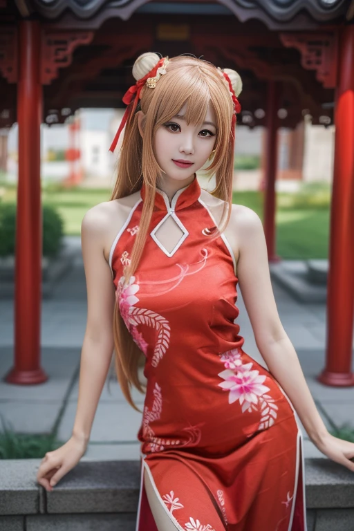 ltra-detailed,highly detailed,best quality,masterpiece,illustration,realistic,photorealistic,
yuuki asuna,
1girl, solo, 
qipao, china dress, chinese clothes, sleeveless, bare shoulders, red dress, 
long hair, blonde hair, very long hair, double bun, hair bun, bun cover, ribbon, bangs, hair ribbon, hair ornament, 
cowboy shot, standing, looking at viewer, 
outdoors,  
 <lora:yuuki asuna qipao_v2_05:0.8>