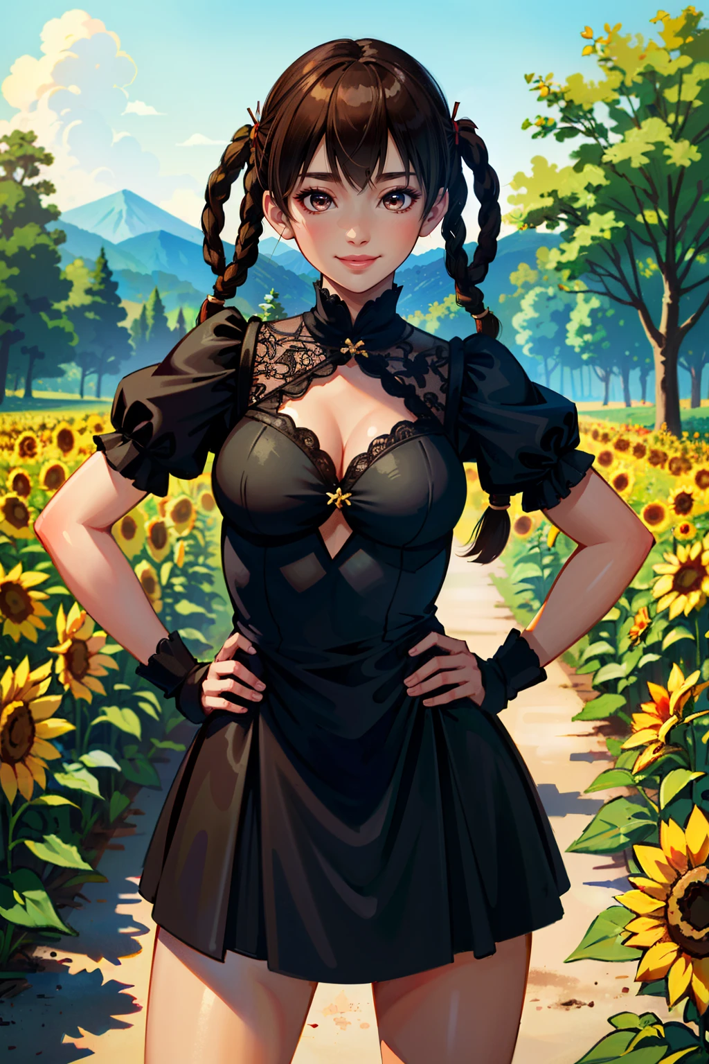 ((ultra detailed, masterpiece, absurdres))
<lora:DOALeiFang:0.9>
DOALeiFang, 1girl, brown hair, brown eyes, twin braids, hair rings, surrounded by sunflowers in a bright field, smiling, with hands on hips