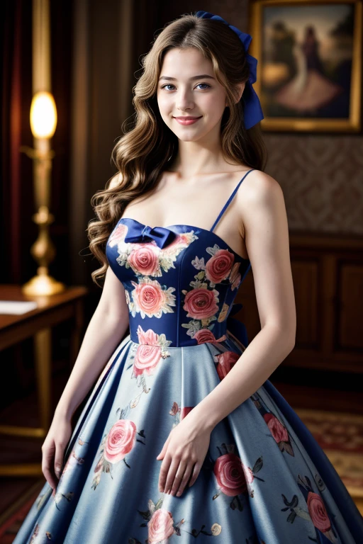 ((Masterpiece, best quality, cinematic lighting, 8k, full body shot, long hair, hour glass body)), (smile:0.85), (realistic background)
<lora:Floral_Ballgown_By_Stable_Yogi:1>  blue floral print ballgown, hair bow, ribbon