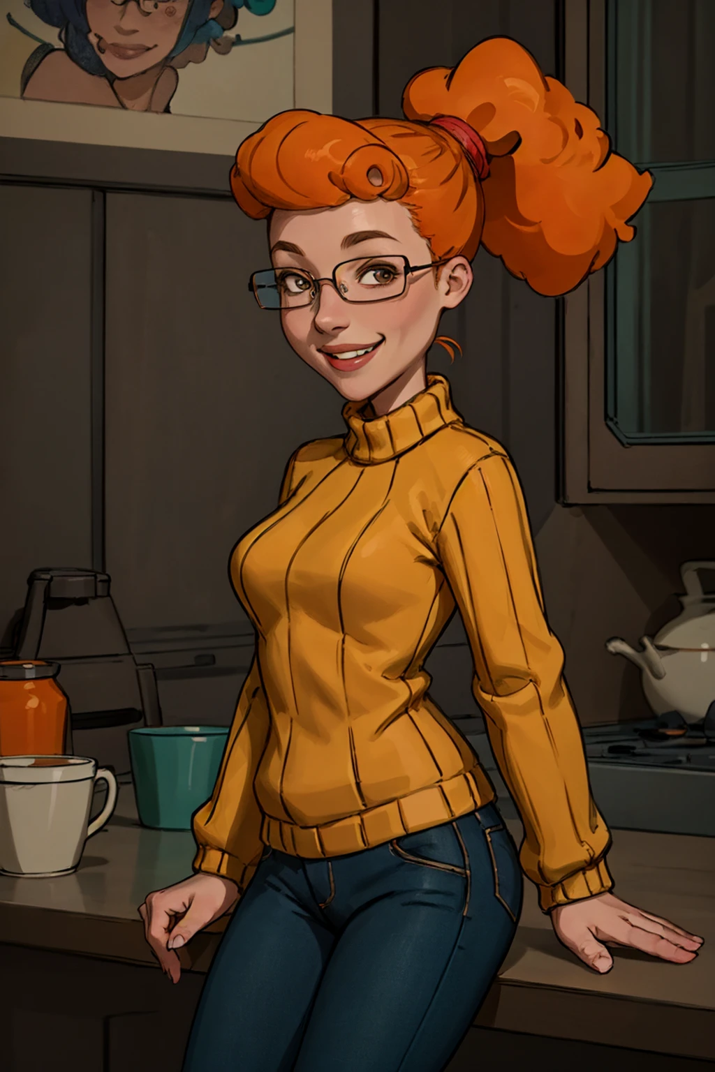 patty, solo, 1girl, glasses, orange hair, ponytail, sweater, breasts, smile,looking at viewer, smile,pants, best quality, masterpiece, absurdres, <lora:pattyp2-000008:0.5>
