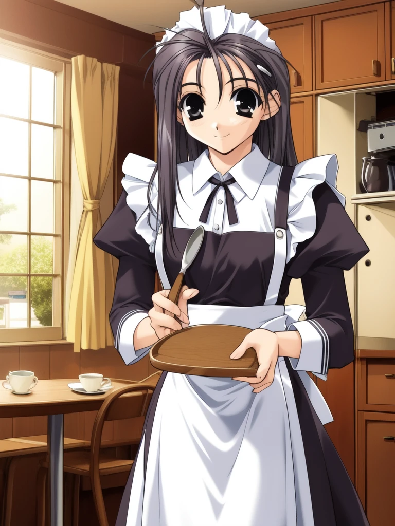 <lora:Hikawa_Naori:0.8>, HikawaNaori, 1girl, solo, long sleeves, maid,  smile, apron, dress, clipboard, holding. cafe, room,
masterpiece, high quality, very_high_resolution, large_filesize, full color,