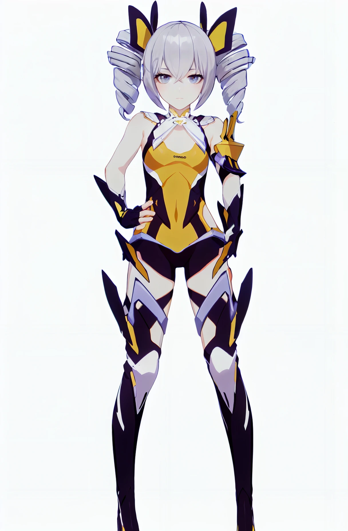 8k,best quality,masterpiece,(ultra-detailed:1.1),(high detailed skin),
(full body:1.3),white background,standing,looking at viewer,(solo),hand on hip,
<lora:scyz-v100:0.8:lbw=OUTALL>,shanchui,yellow battlesuit,def clothes,1girl,drill hair,twin drills,gloves,bangs,thigh boots,grey hair,little girl,9 years old,
(white background, simple background:1.6),
(beautiful_face),((intricate_detail)),clear face,
((finely_detailed)),fine_fabric_emphasis,
((glossy)),full_shot,