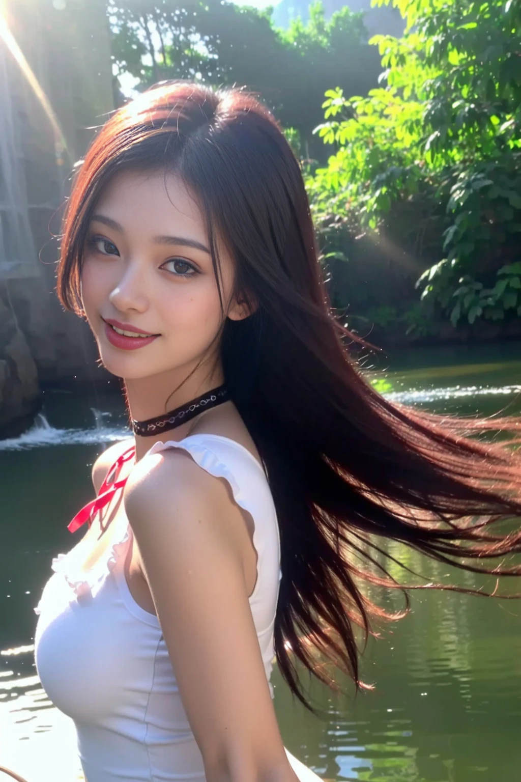 <lora:lin1meng_v01:0.9>, 
 (8k, RAW photo, best quality, masterpiece:1.2), (realistic, photo-realistic:1.37), omertosa,1girl, blurry background,lake, rain,wet,professional lighting, photon mapping, radiosity, physically-based rendering, backlight bokeh, blurry background,smile, ((black choker)), red lips, student ,((lights shinning on the face))
head portrait
,
sunlight, ((outdoors)) ,((light shinning on the hair))
t-shirt,
((high twin-tail hair)), ((floating hair)), pink hair,wavy hair, glowing hair,
135mm lens,,big breast,red lips,smile,((office suit))