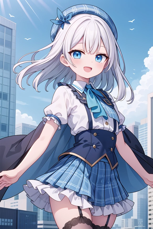 (cleavage:-1.5), insanely detailed, absurdres, ultra-highres, ultra-detailed, best quality,
1girl, solo, nice hands, perfect hands,
BREAK
(gothic drress, Idol costume:1.3), (blue and white theme:1.2), (white blouse:1.4), (white collar, tie:1.3), (open short-cape:1.3), (short sleeve:1.2), (blue tartan-check pattern (ruffle-skirt, multilayer-skirt):1.4), (white basque-beret with ribbon:1.3), (Fishnet stockings:1.3), (glove:1.2), (cleavage:-1.5)
BREAK
happy smile, laugh, open mouth,
standing,own hands together,
cowboy shot,
BREAK
slender, kawaii, perfect symmetrical face, ultra cute girl, ultra cute face, ultra detailed eyes, ultra detailed hair, ultra cute, ultra beautiful,
BREAK
cityscape in tokyo, ultra detailed background, blue sky, bay side, panorama view,
medium breasts, white hair, blue eyes