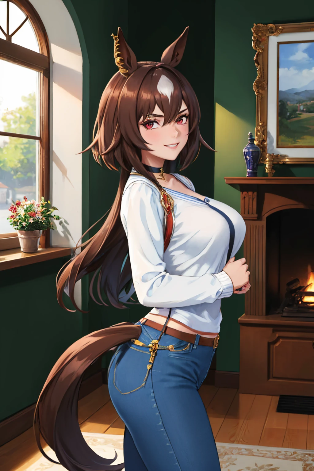 (masterpiece, best quality:1.2), solo, 1girl, sirius symboli, smile, looking at viewer, arms behind back, horse ears, white sweater, long sleeves, jeans, horse tail, choker, large breasts, indoors, living room <lora:umamusume_siriussymboli-10:1>