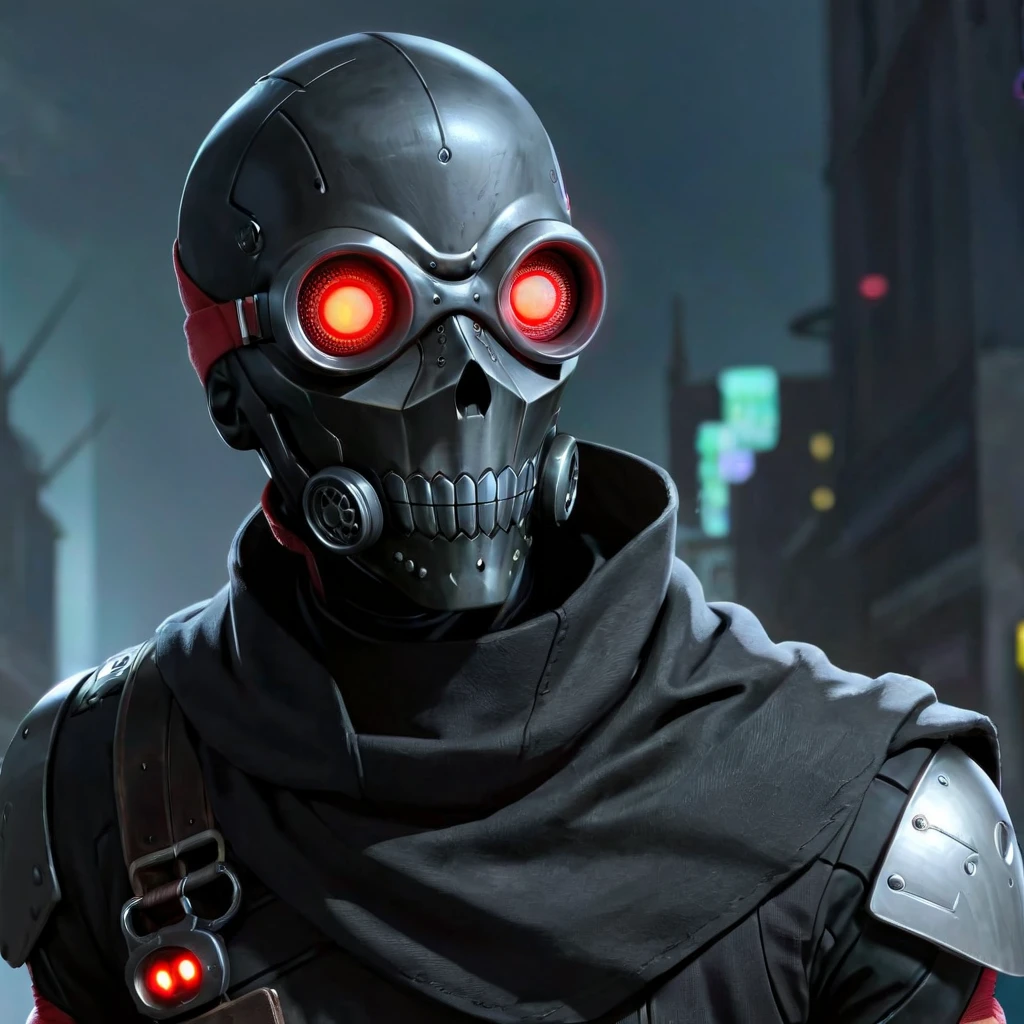 tempera painting, chiaroscuro, junji ito, gareth pugh, boston dynamics, cyberpunk, cyborg, 1boy, aged up, face focus, shoulder pads, cultist, red facepaint, war paint, black hood, crazy eyes, alley, night, neon trim, foreshortening, close-up