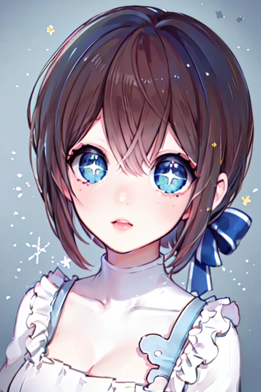 (masterpieces, best quality, 8K, 4K, highres:1.2),1girl,bangs,breasts,hair between eyes,looking at viewer,<lora:å
°éºææ¢¦:0.9:lbw=MIDOUT>,((+ +)),((sparkling eyes)), blue eyes,brown hair,short hair,